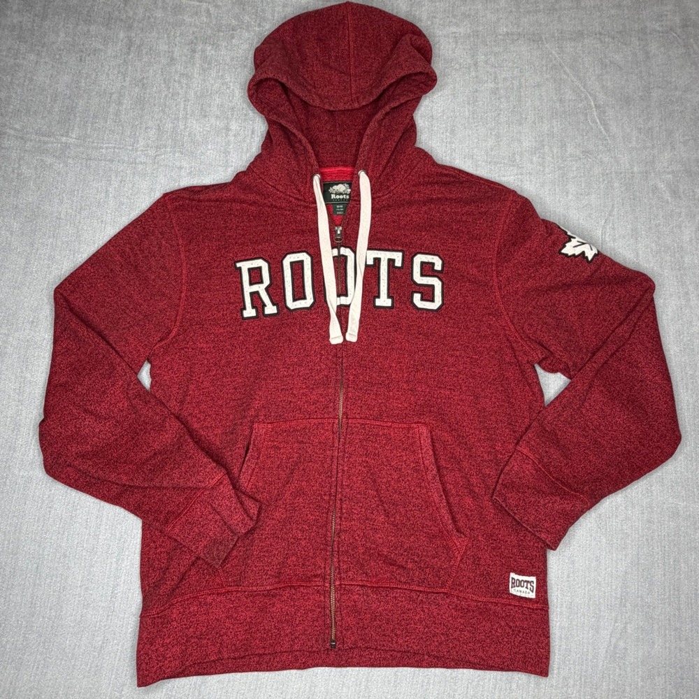 Roots Canada Mens Full Zip Hoodie Red Marl Logo Maple Leaf Patch Size Medium